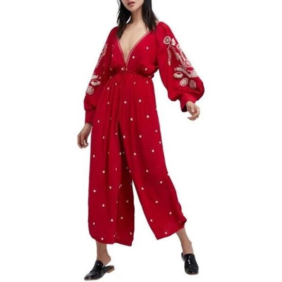Free People Women XS Embroidered Wide Leg Jumpsuit Red Boho V Neck Cropped Puff - Picture 1 of 13